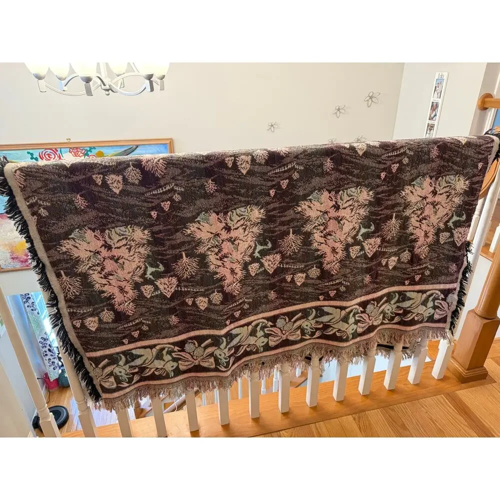 Vintage 90s Goodwin Weavers Winter Bunny Woven Throw Blanket USA 51x62 Cottage
